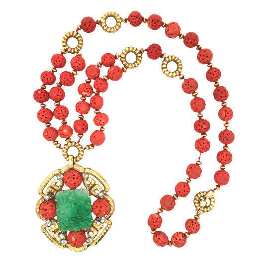 Van Cleef & Arpels, 18K Gold Carved Emerald Carved Coral Diamond Pendant Necklace VCA