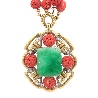 Van Cleef & Arpels, 18K Gold Carved Emerald Carved Coral Diamond Pendant Necklace VCA