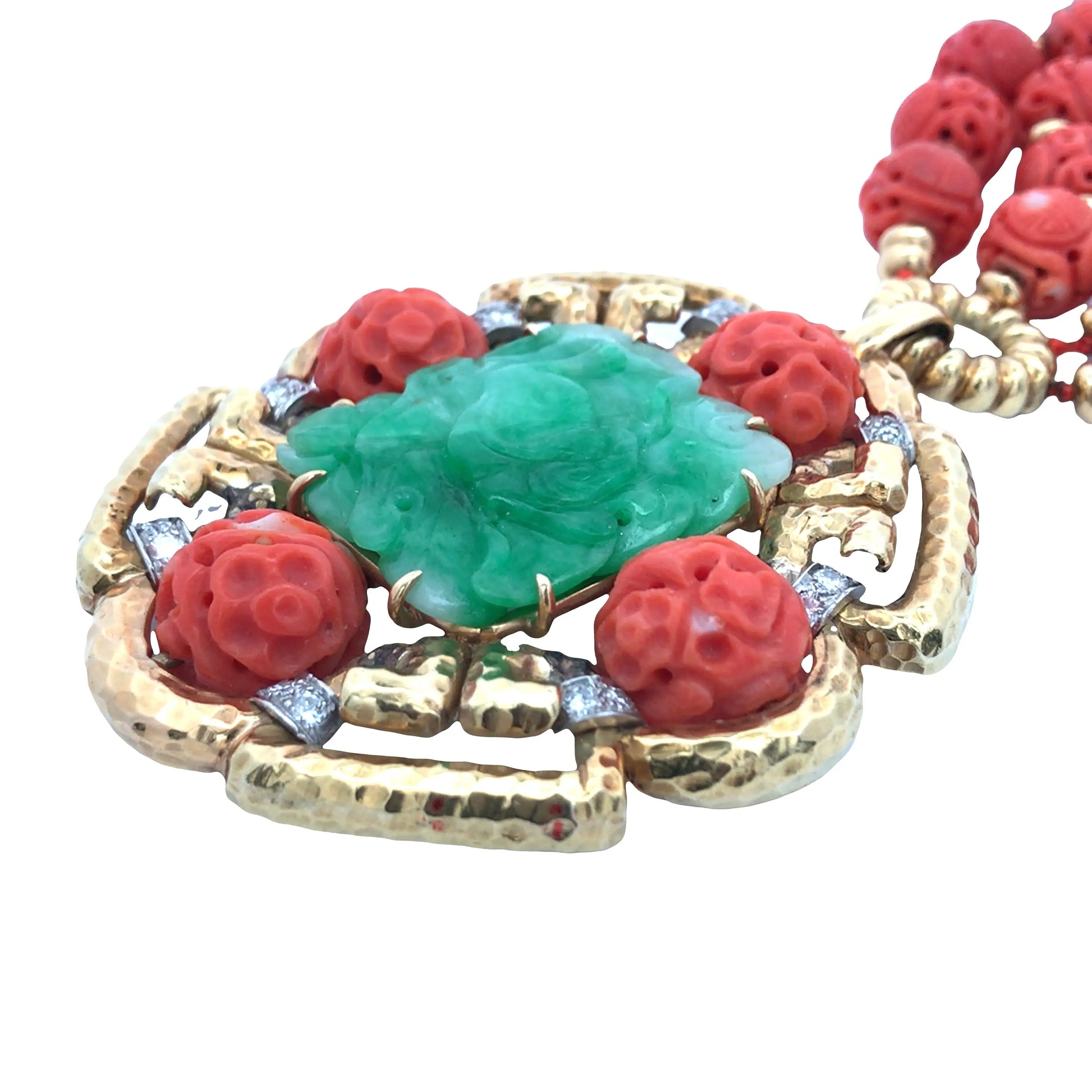 Van Cleef & Arpels, 18K Gold Carved Emerald Carved Coral Diamond Pendant Necklace VCA