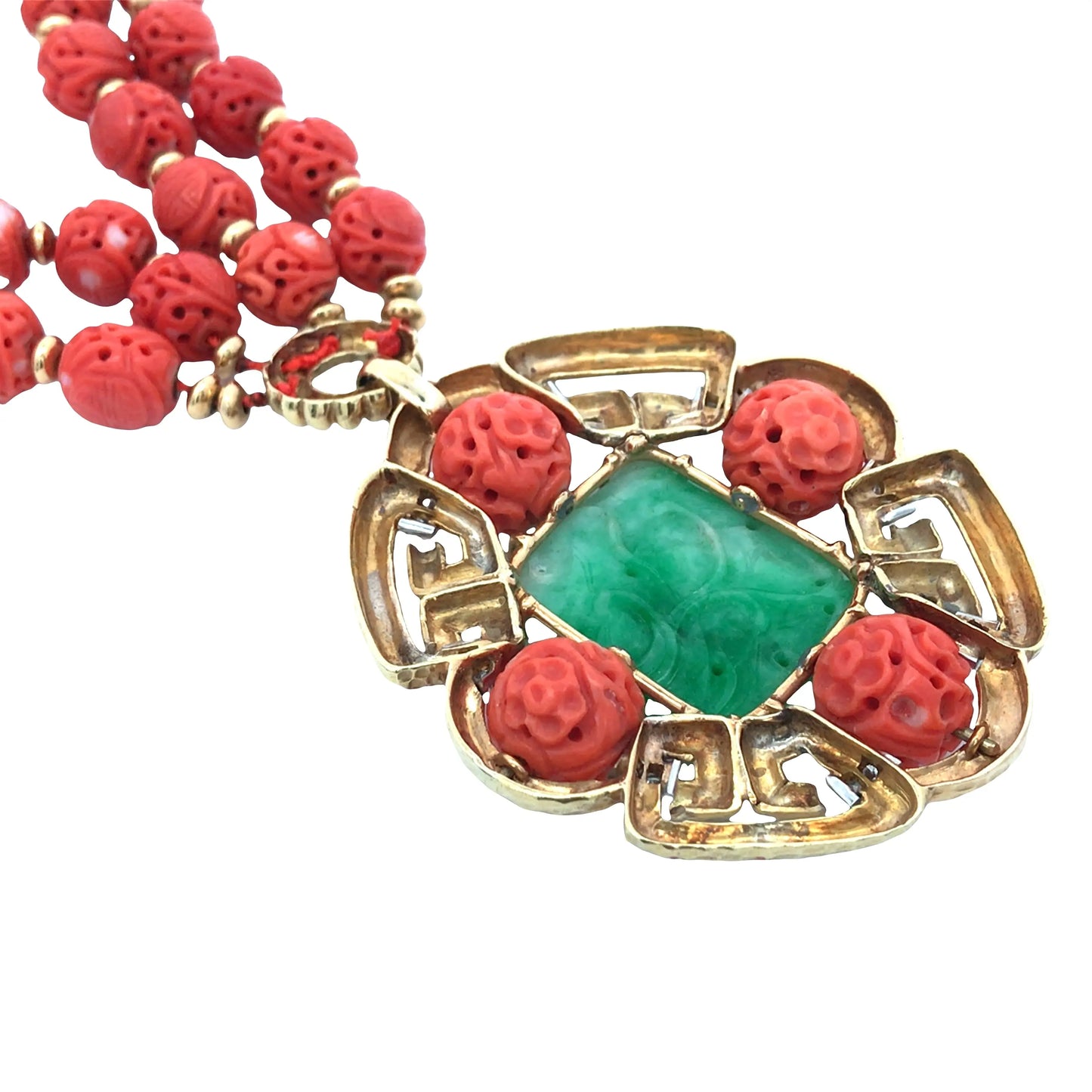 Van Cleef & Arpels, 18K Gold Carved Emerald Carved Coral Diamond Pendant Necklace VCA
