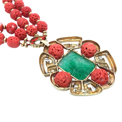 Van Cleef & Arpels, 18K Gold Carved Emerald Carved Coral Diamond Pendant Necklace VCA