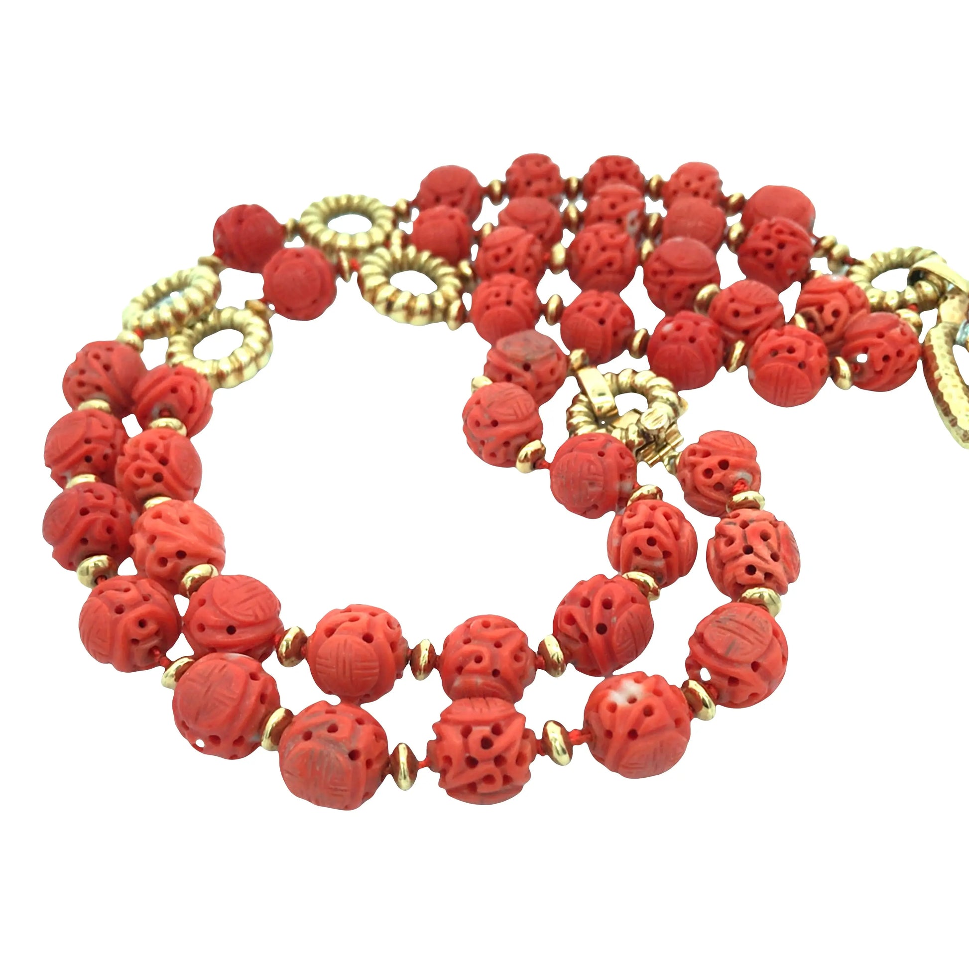 Van Cleef & Arpels, 18K Gold Carved Emerald Carved Coral Diamond Pendant Necklace VCA