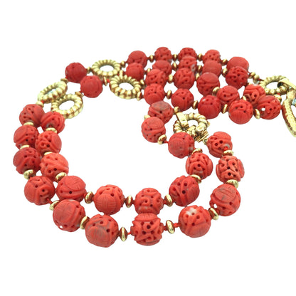 Van Cleef & Arpels, 18K Gold Carved Emerald Carved Coral Diamond Pendant Necklace VCA