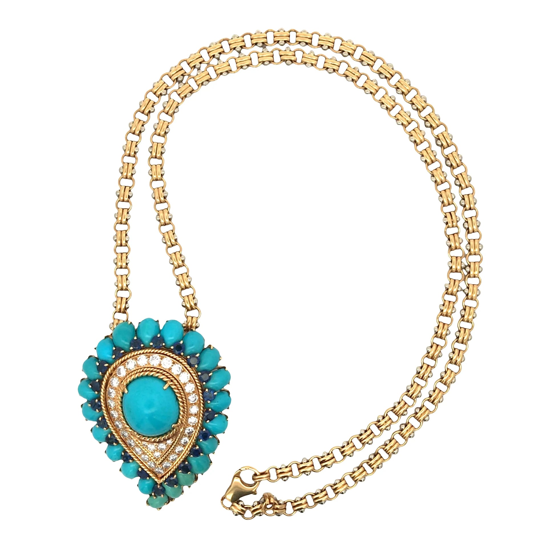 Van Cleef & Arpels, 18K Gold Turquoise Diamond Pendant Necklace VCA