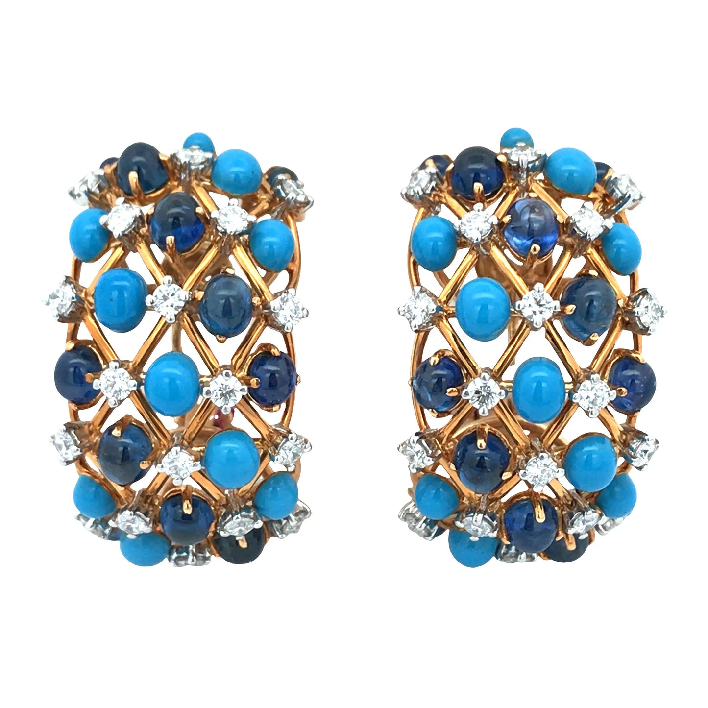 Verdura, 18K Gold Sapphire Turquoise Diamond Earrings Verdura
