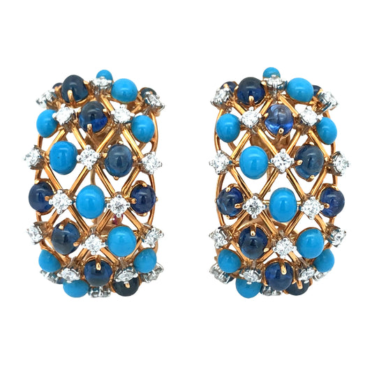 Verdura, 18K Gold Sapphire Turquoise Diamond Earrings Verdura