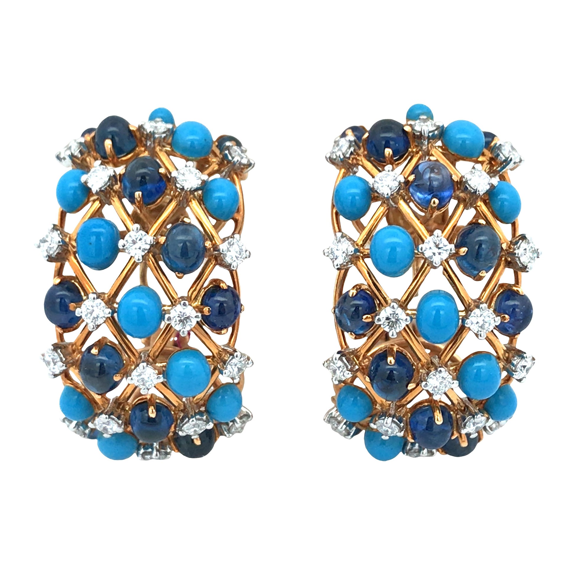 Verdura, 18K Gold Sapphire Turquoise Diamond Earrings