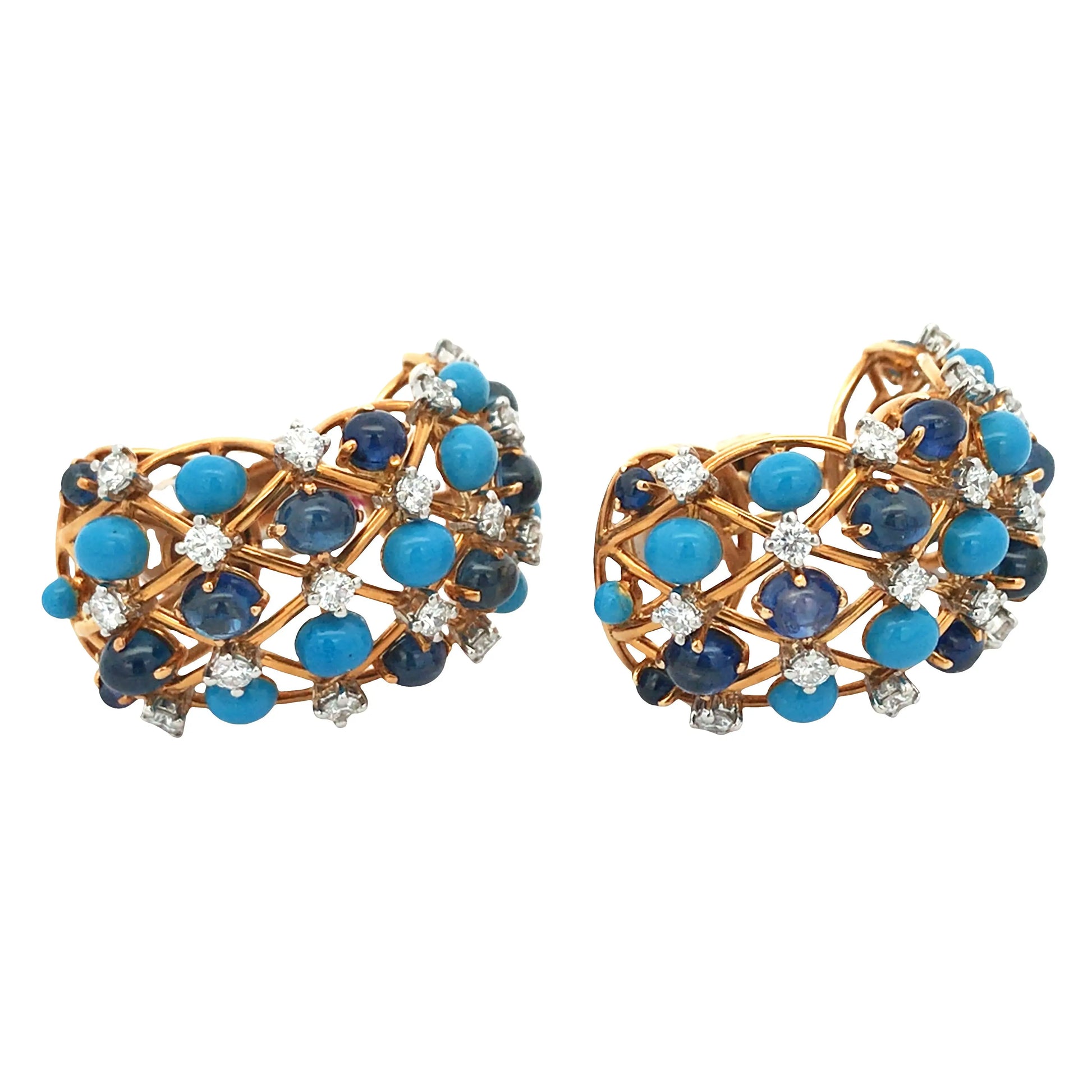 Verdura, 18K Gold Sapphire Turquoise Diamond Earrings Verdura