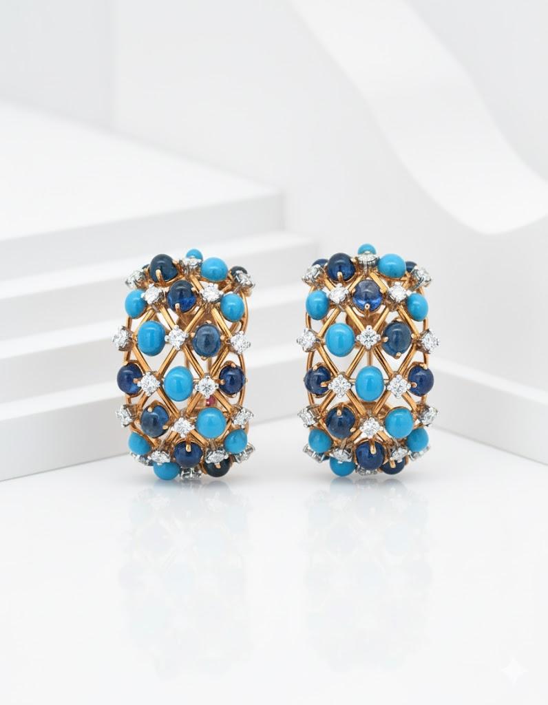 Verdura, 18K Gold Sapphire Turquoise Diamond Earrings