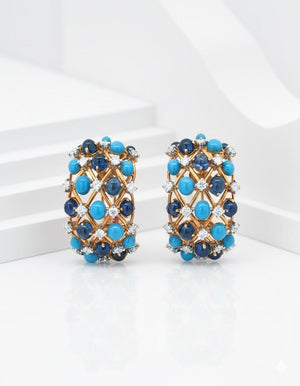 Verdura, 18K Gold Sapphire Turquoise Diamond Earrings