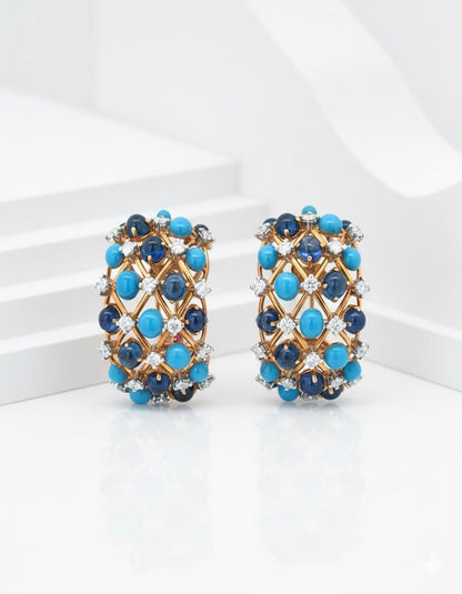 Verdura, 18K Gold Sapphire Turquoise Diamond Earrings