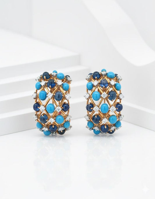 Verdura, 18K Gold Sapphire Turquoise Diamond Earrings