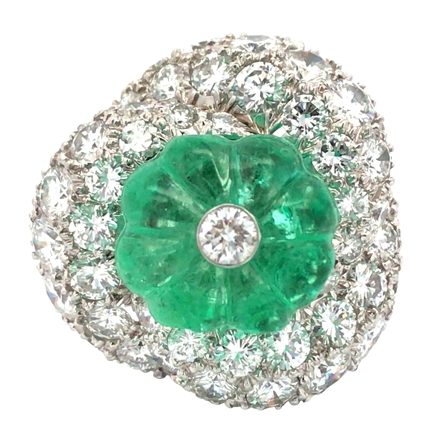 David Webb, Platinum Carved Emerald Diamond Ring David Webb