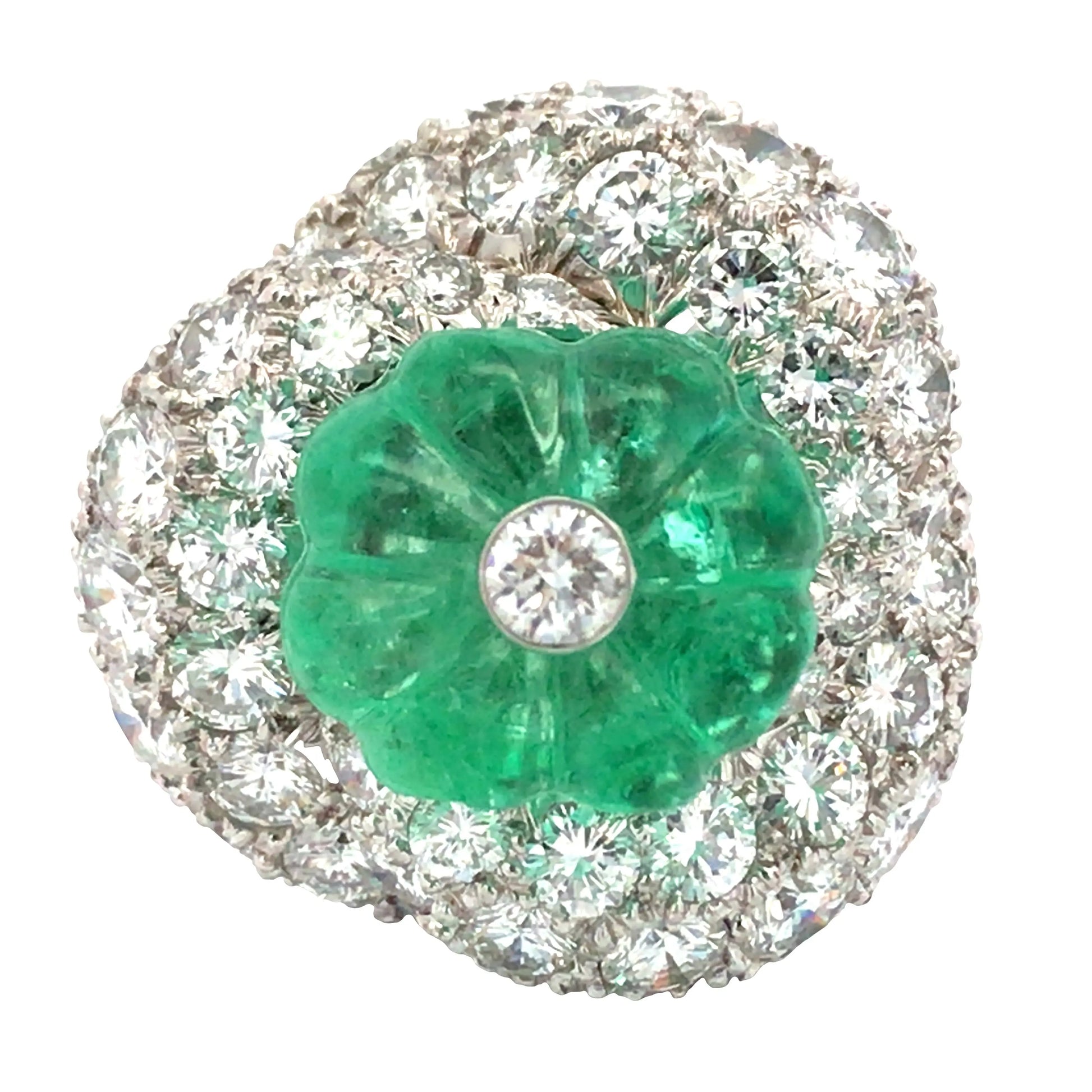 David Webb, Platinum Carved Emerald Diamond Ring David Webb