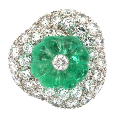 David Webb, Platinum Carved Emerald Diamond Ring David Webb