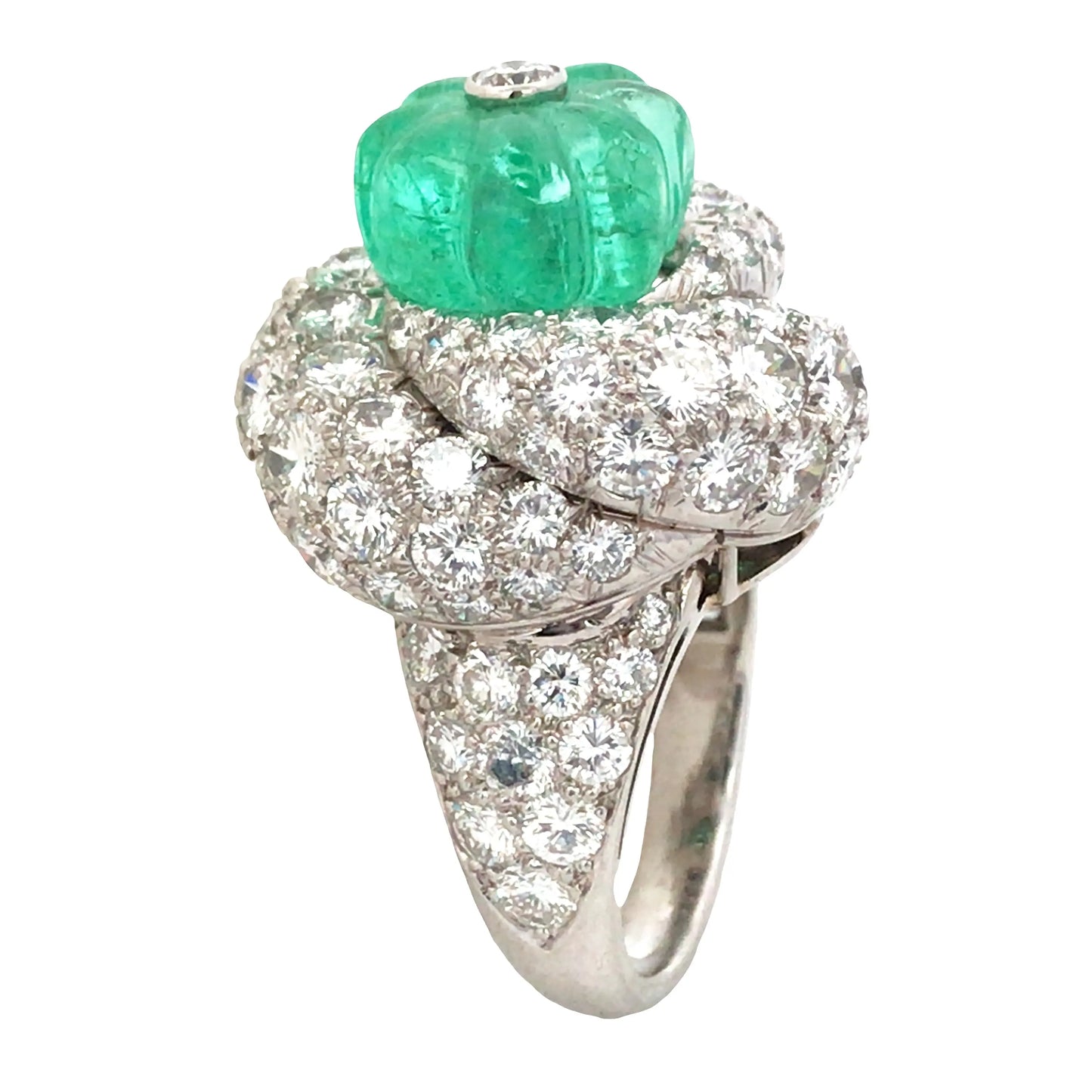 David Webb, Platinum Carved Emerald Diamond Ring David Webb