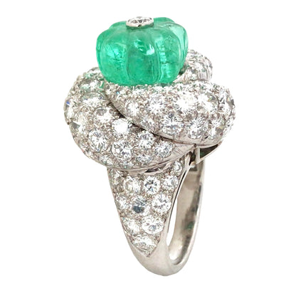 David Webb, Platinum Carved Emerald Diamond Ring David Webb