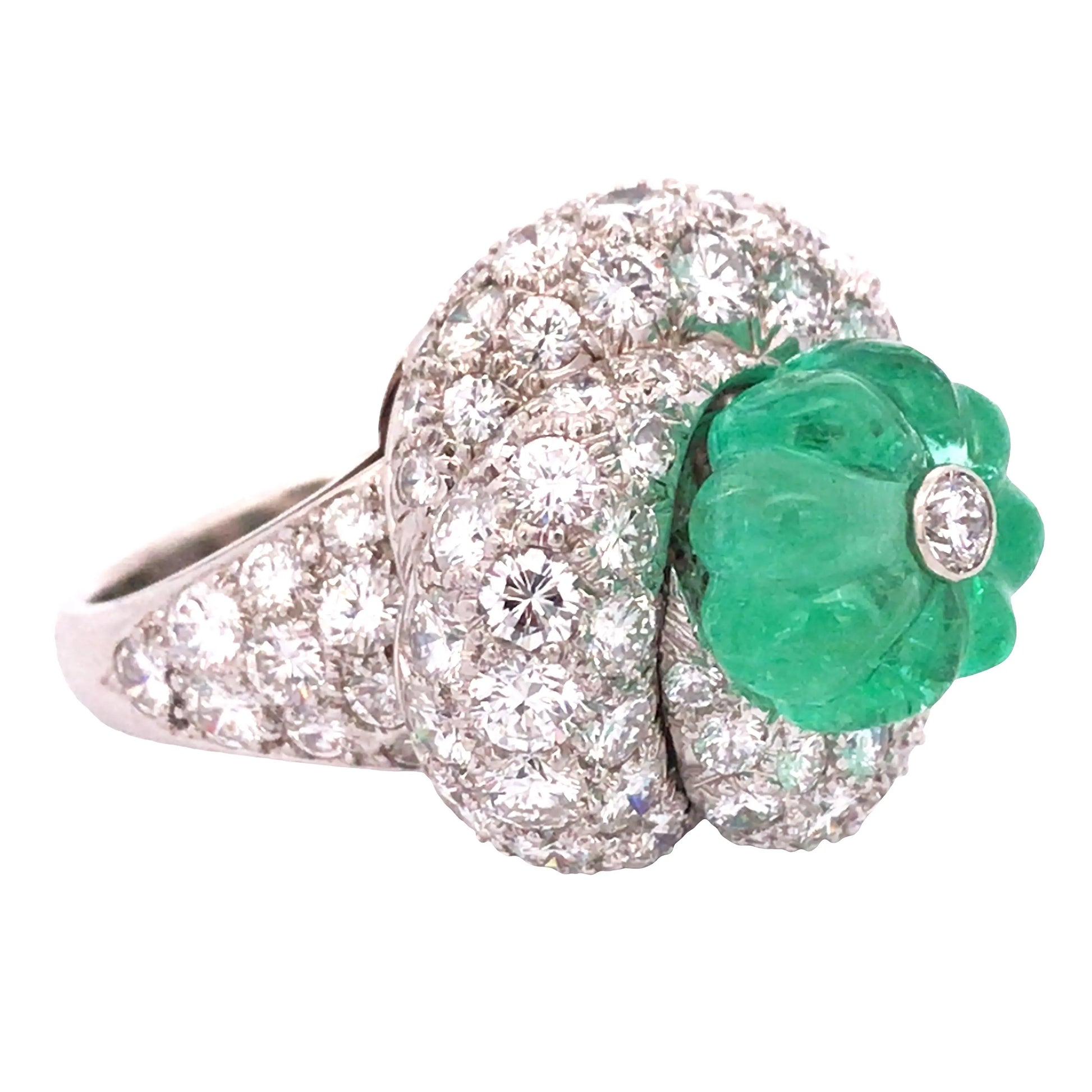 David Webb, Platinum Carved Emerald Diamond Ring David Webb