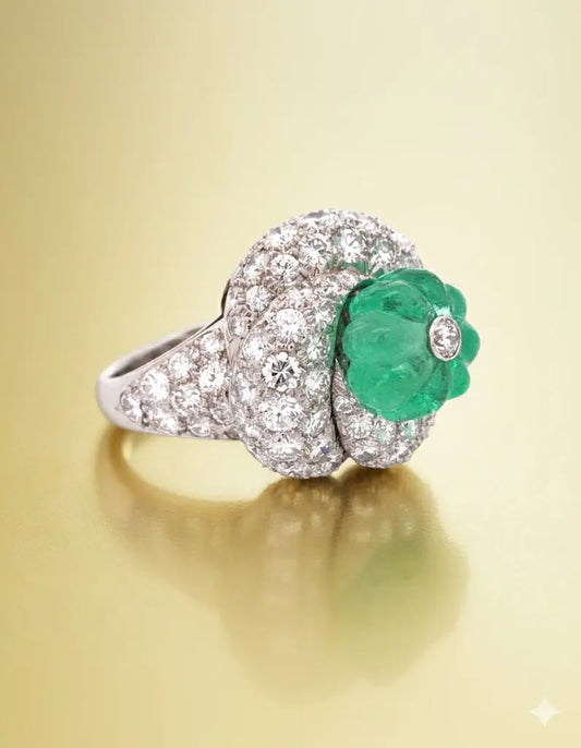 David Webb, Platinum Carved Emerald Diamond Ring David Webb
