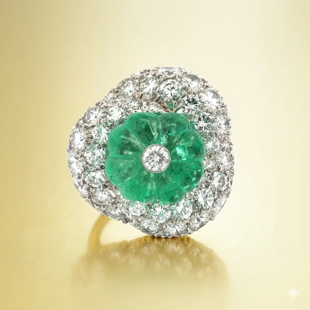 David Webb, Platinum Carved Emerald Diamond Ring David Webb