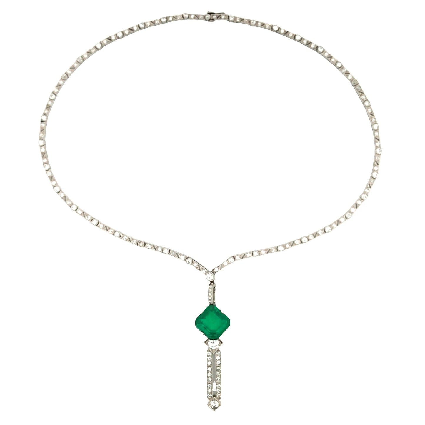 Art Deco Platinum Emerald Diamond Necklace Lueur Jewelry