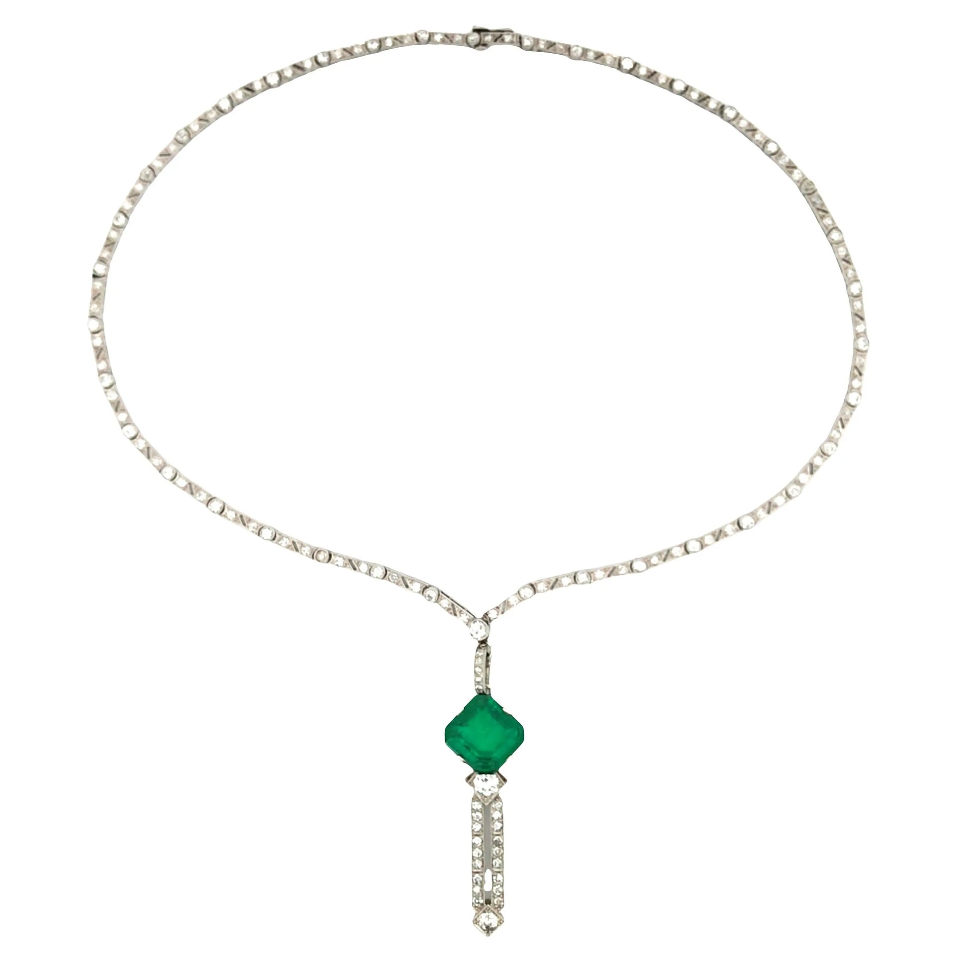 Art Deco Platinum Emerald Diamond Necklace Lueur Jewelry