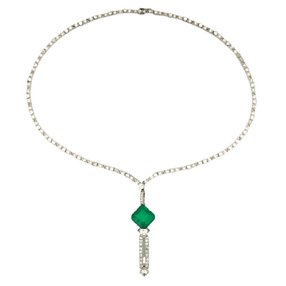 Art Deco Platinum Emerald Diamond Necklace Lueur Jewelry