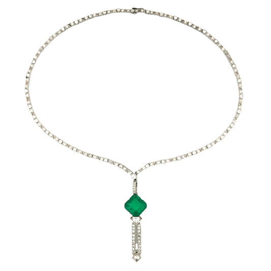 Art Deco Platinum Emerald Diamond Necklace Lueur Jewelry