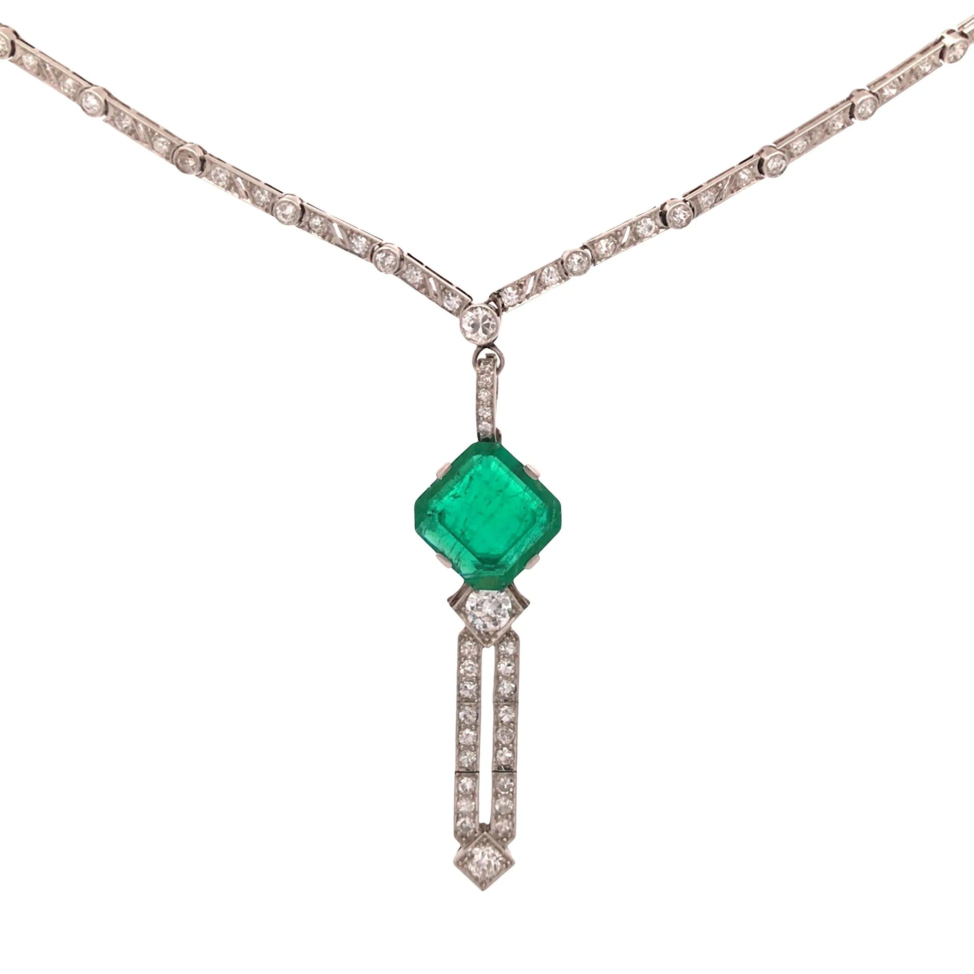 Art Deco Platinum Emerald Diamond Necklace Lueur Jewelry