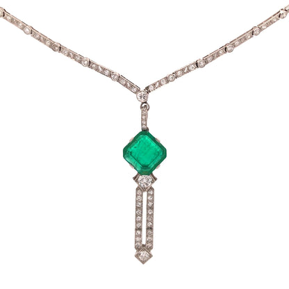Art Deco Platinum Emerald Diamond Necklace Lueur Jewelry