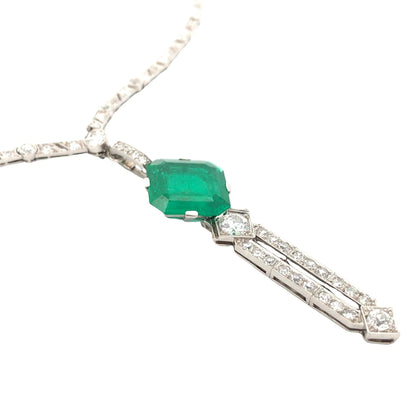 Art Deco Platinum Emerald Diamond Necklace Lueur Jewelry