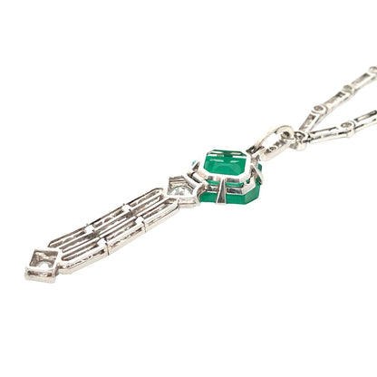 Art Deco Platinum Emerald Diamond Necklace Lueur Jewelry
