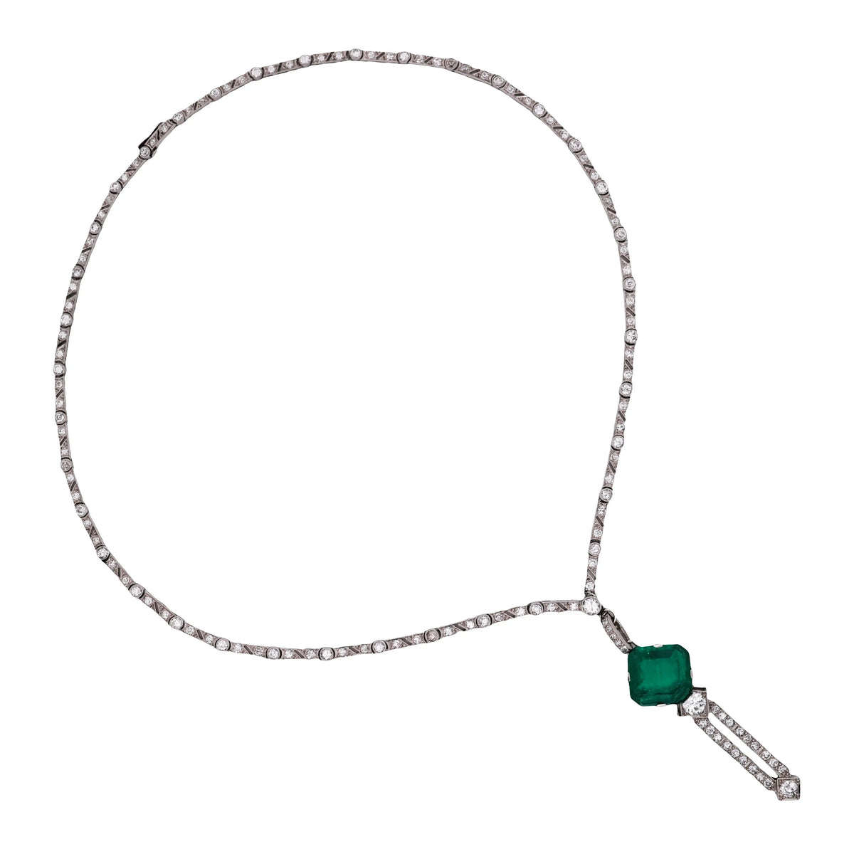 Art Deco Platinum Emerald Diamond Necklace