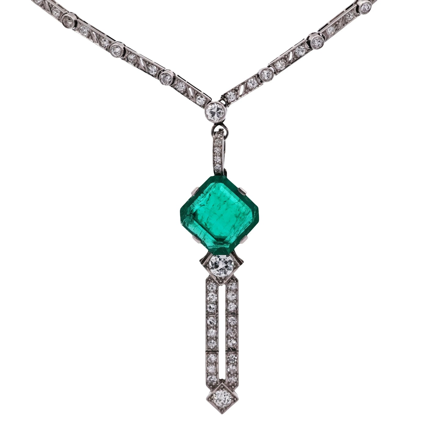 Art Deco Platinum Emerald Diamond Necklace