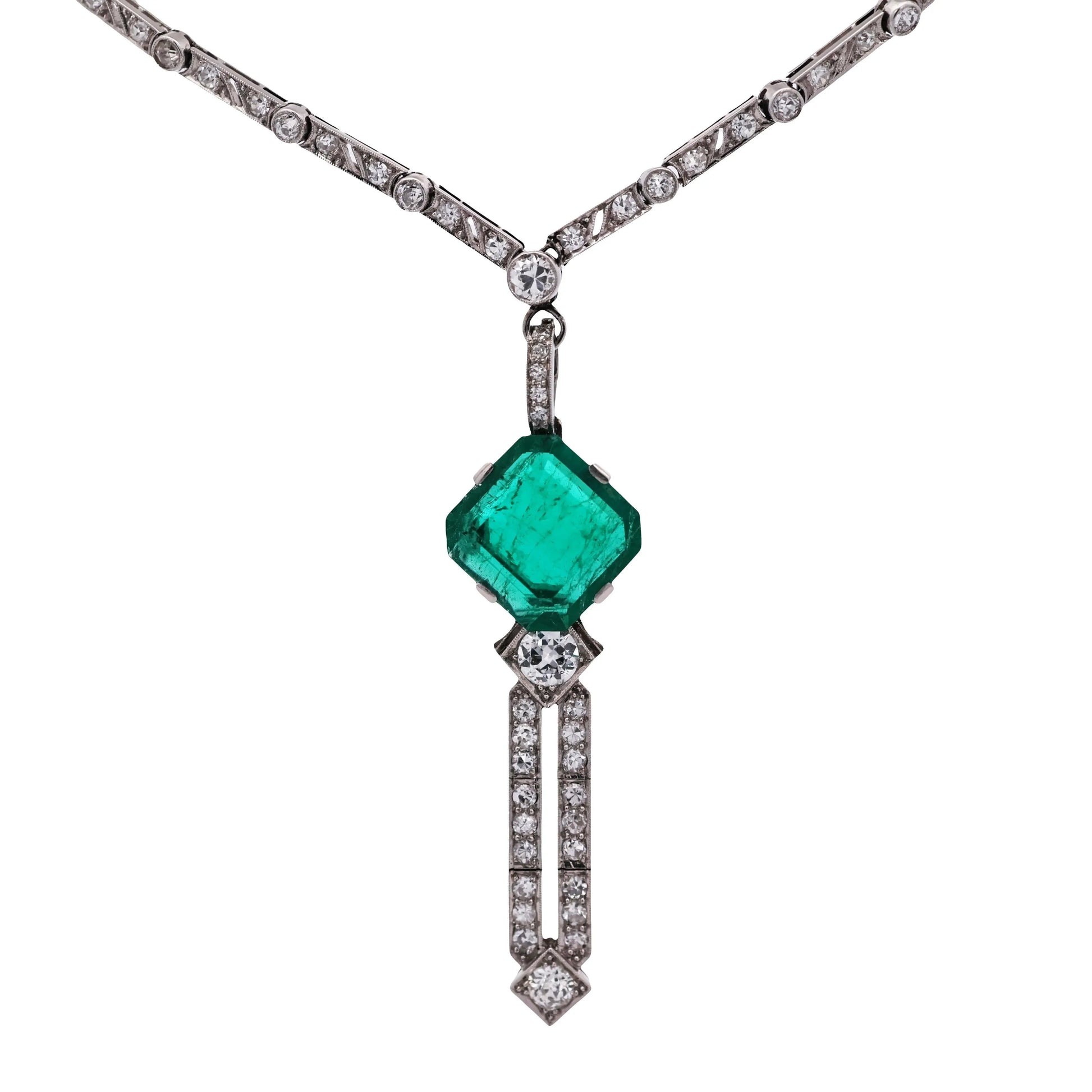Art Deco Platinum Emerald Diamond Necklace