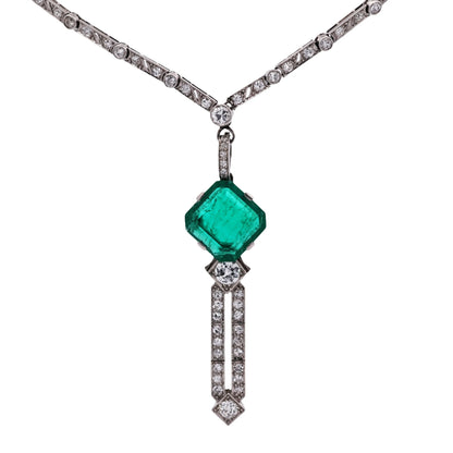 Art Deco Platinum Emerald Diamond Necklace