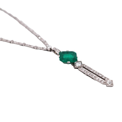 Art Deco Platinum Emerald Diamond Necklace