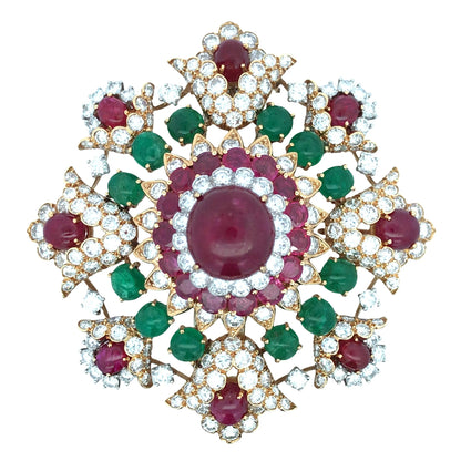 David Webb, 18K Gold Gemstone Diamond Brooch David Webb