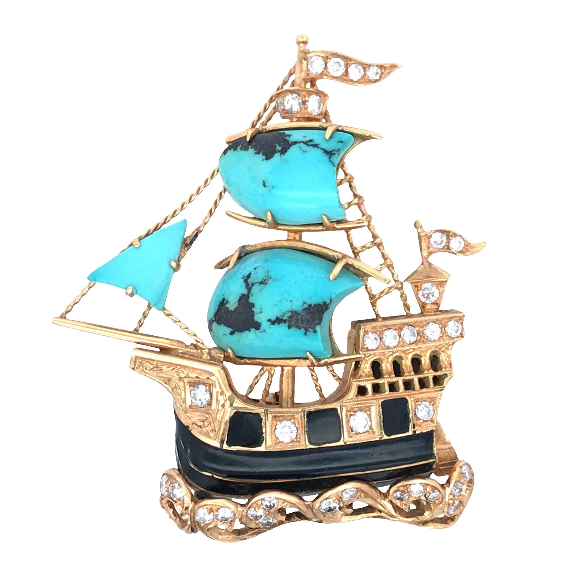 Nardi, 18K Gold Enamel Turquoise Diamond Ship Brooch Nardi