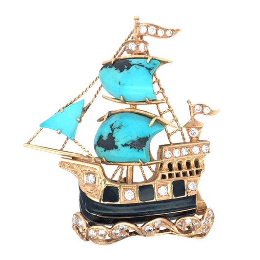 Nardi, 18K Gold Enamel Turquoise Diamond Ship Brooch Nardi