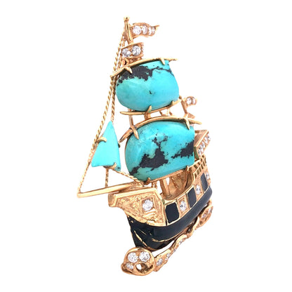 Nardi, 18K Gold Enamel Turquoise Diamond Ship Brooch Nardi
