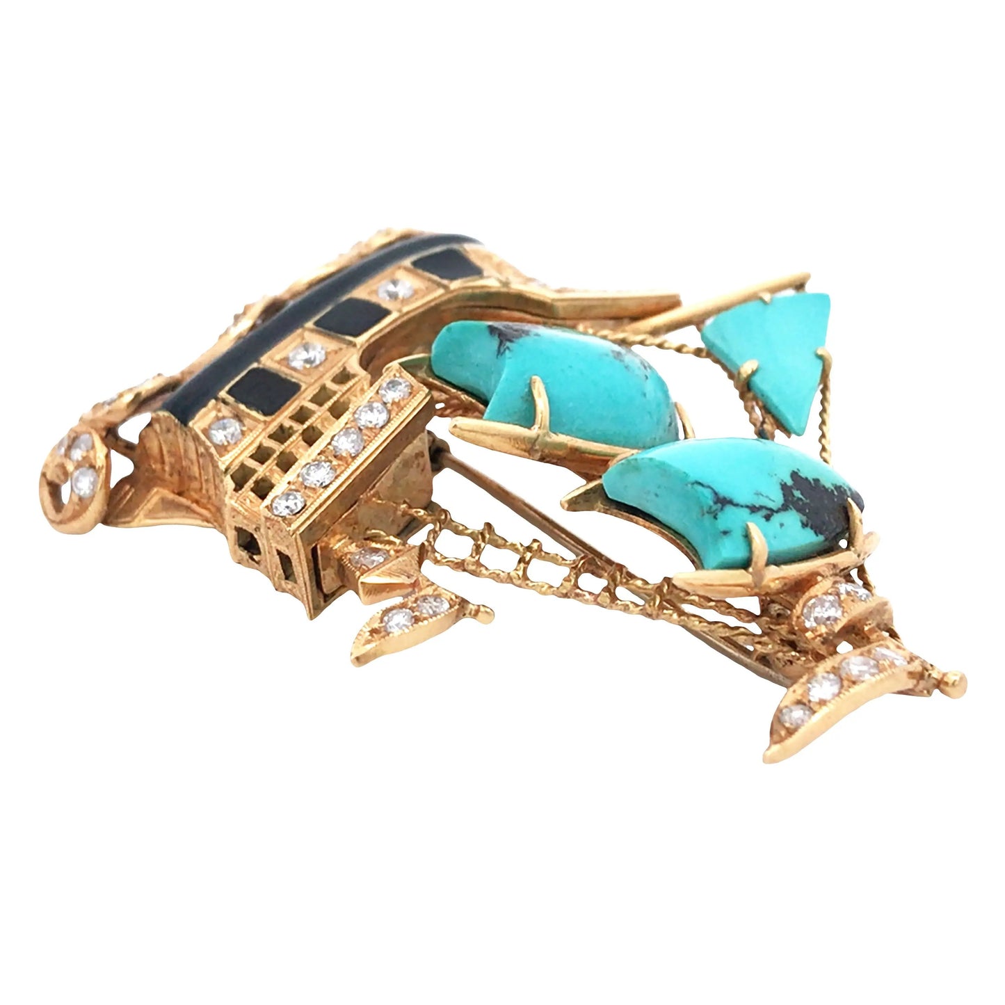 Nardi, 18K Gold Enamel Turquoise Diamond Ship Brooch Nardi