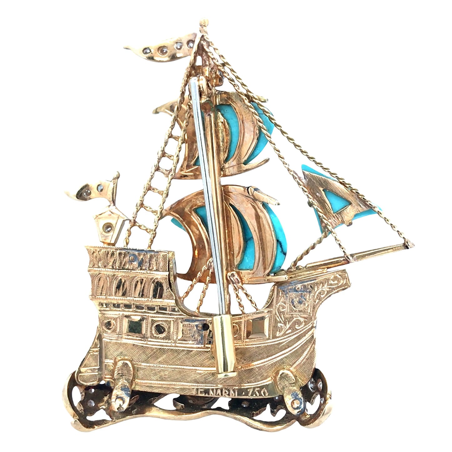 Nardi, 18K Gold Enamel Turquoise Diamond Ship Brooch Nardi