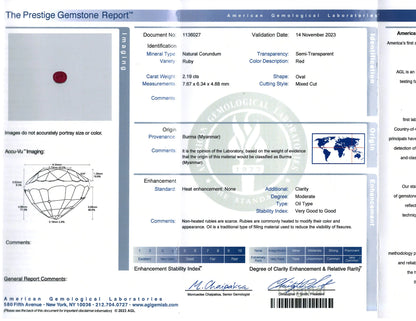 18K Gold 2.19ct Burma no-heat Ruby Diamond Ring, AGL Lueur Jewelry