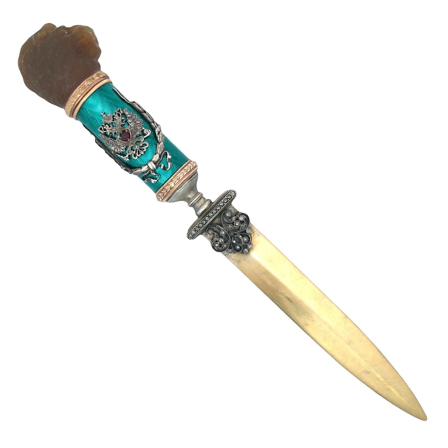 Faberge, Gold Guilloche Letter Opener with a Lion-head Faberge