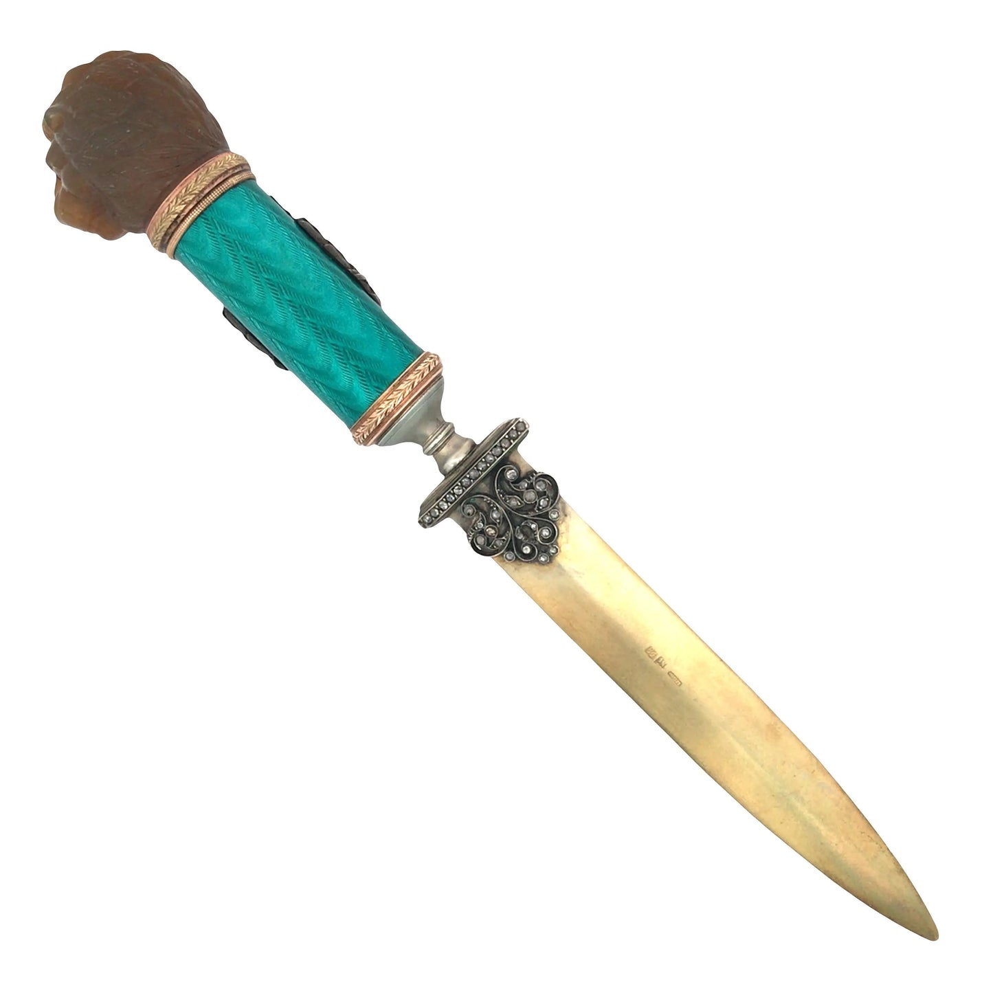 Faberge, Gold Guilloche Letter Opener with a Lion-head Faberge