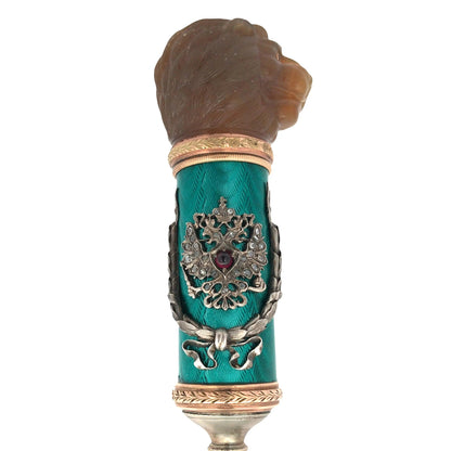 Faberge, Gold Guilloche Letter Opener with a Lion-head Faberge