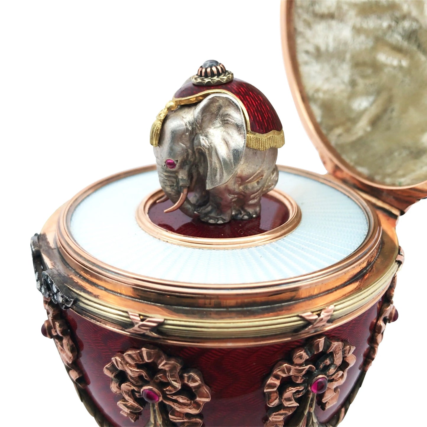 Faberge, Gold Red Guilloche Enamel with Hidden Elephant Faberge