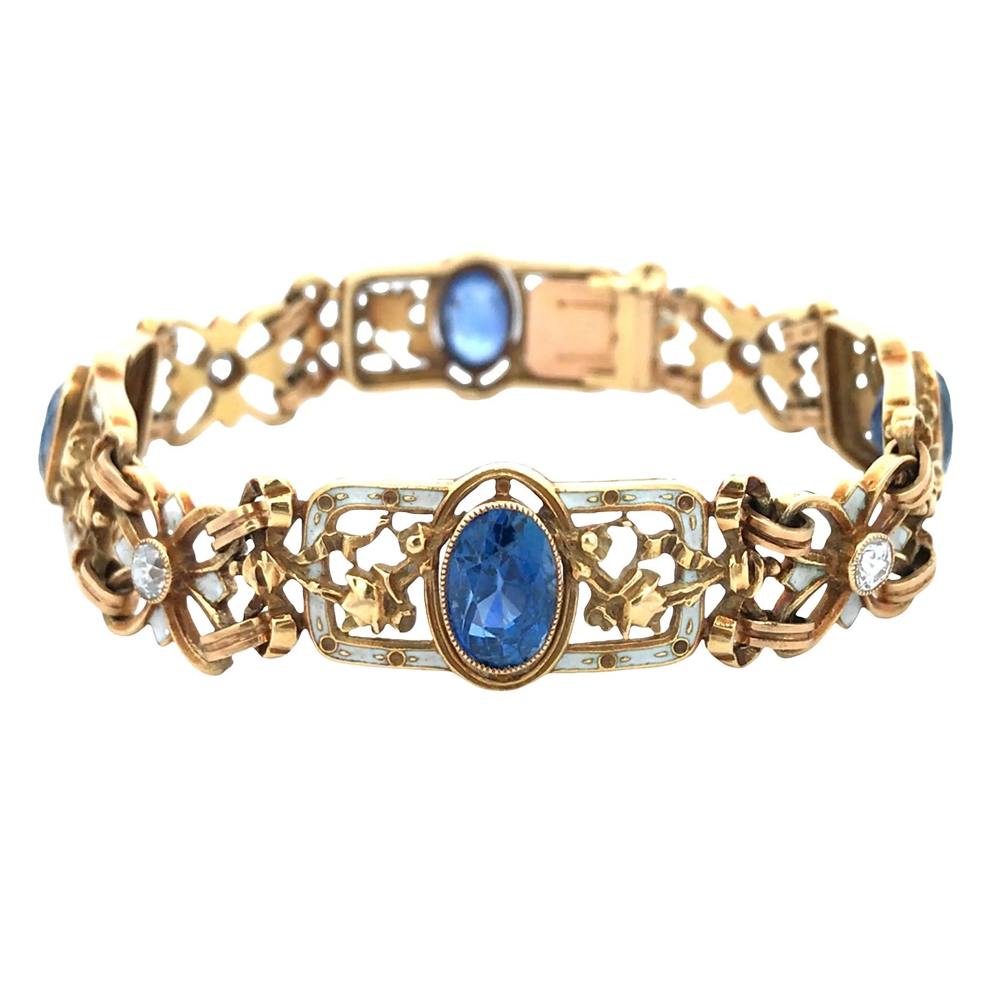 18K Gold Enamel Sapphire Diamond, GIA Lueur Jewelry