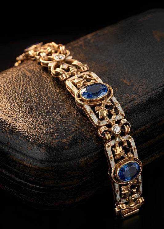 Lucien Gauthier, 18K Gold Enamel Sapphire Diamond, GIA